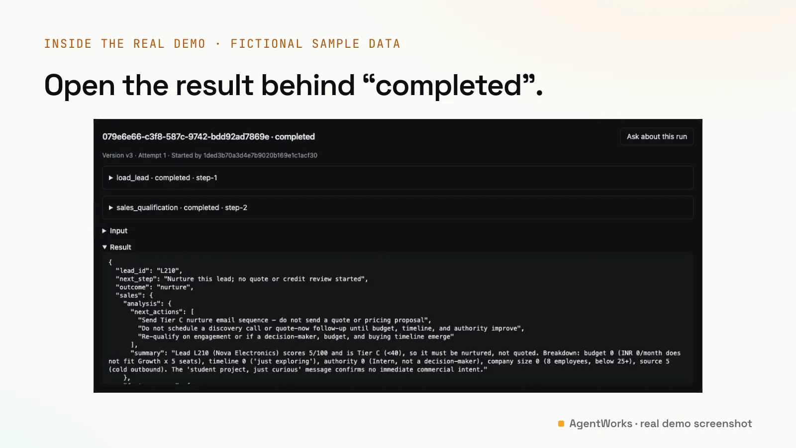 Real AgentWorks demo Flow with completed steps and its stored qualification result