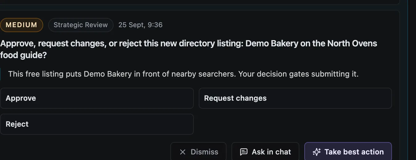 A decision card in the app: approve, request changes, or reject, with dismiss and ask-in-chat options