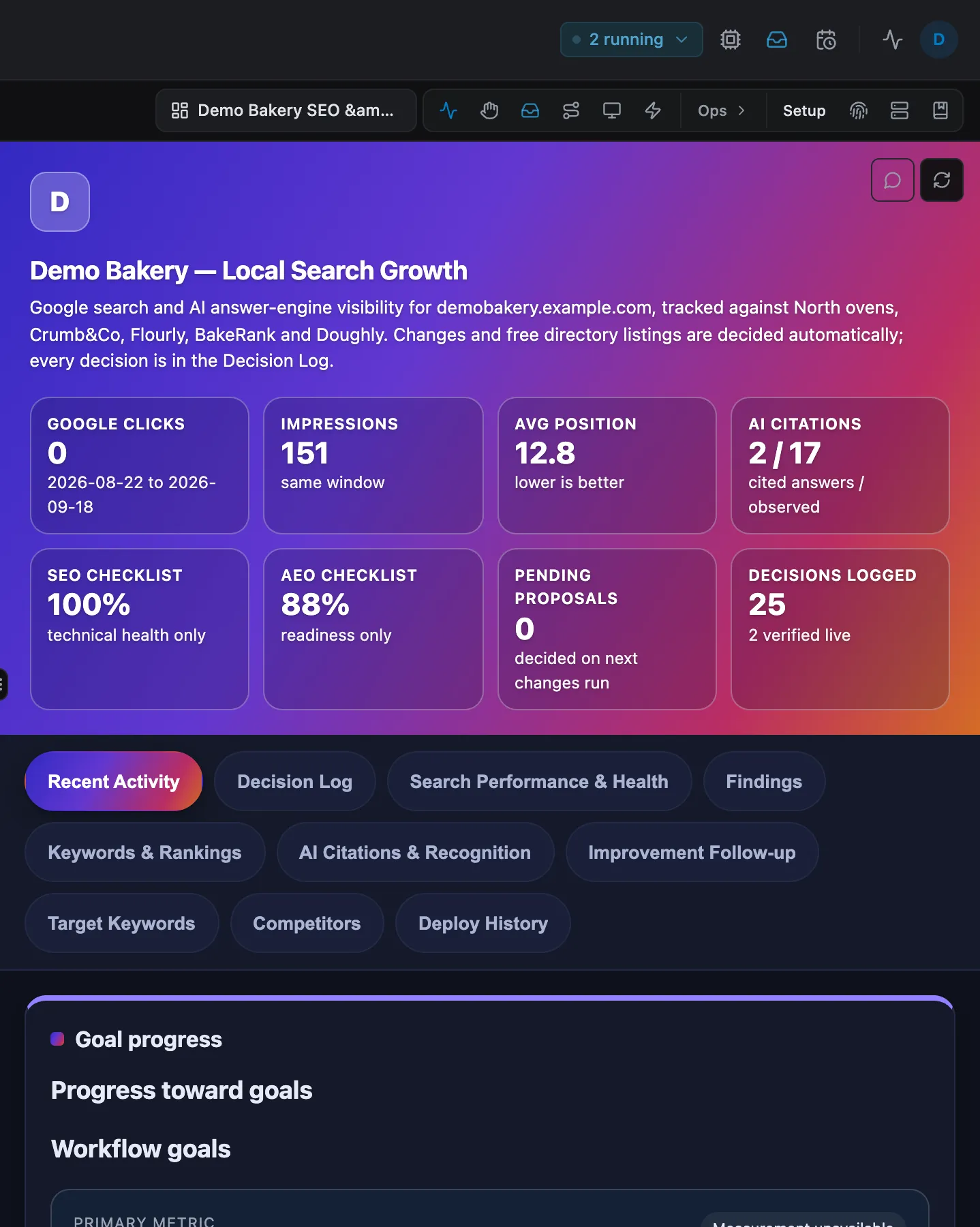 The goal's progress view in the app: outcome, live metric cards, and report tabs