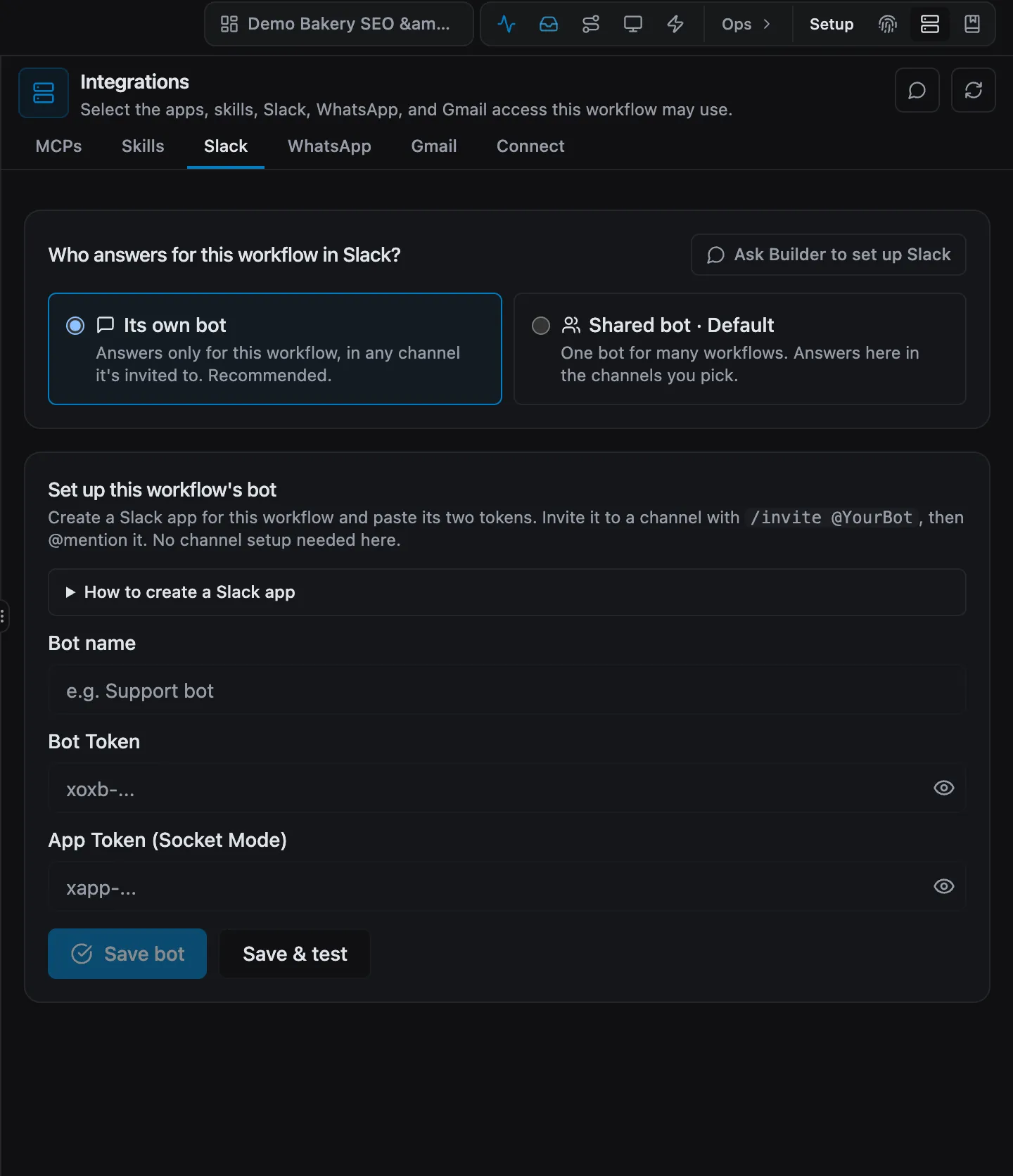 The workflow's Slack setup in the app: its own bot or the shared bot, with token fields