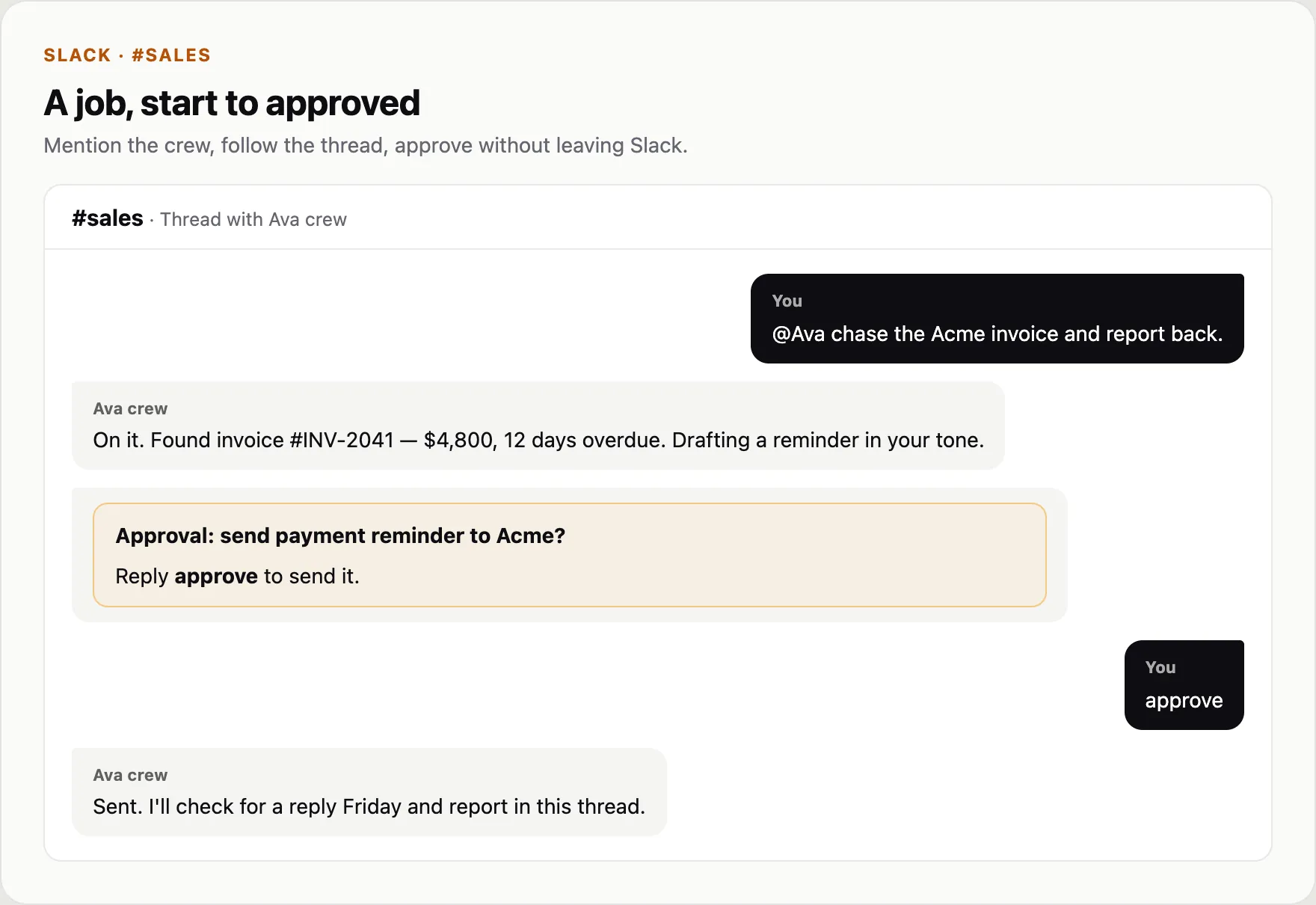 A Slack thread where a crew member reports progress and asks for approval
