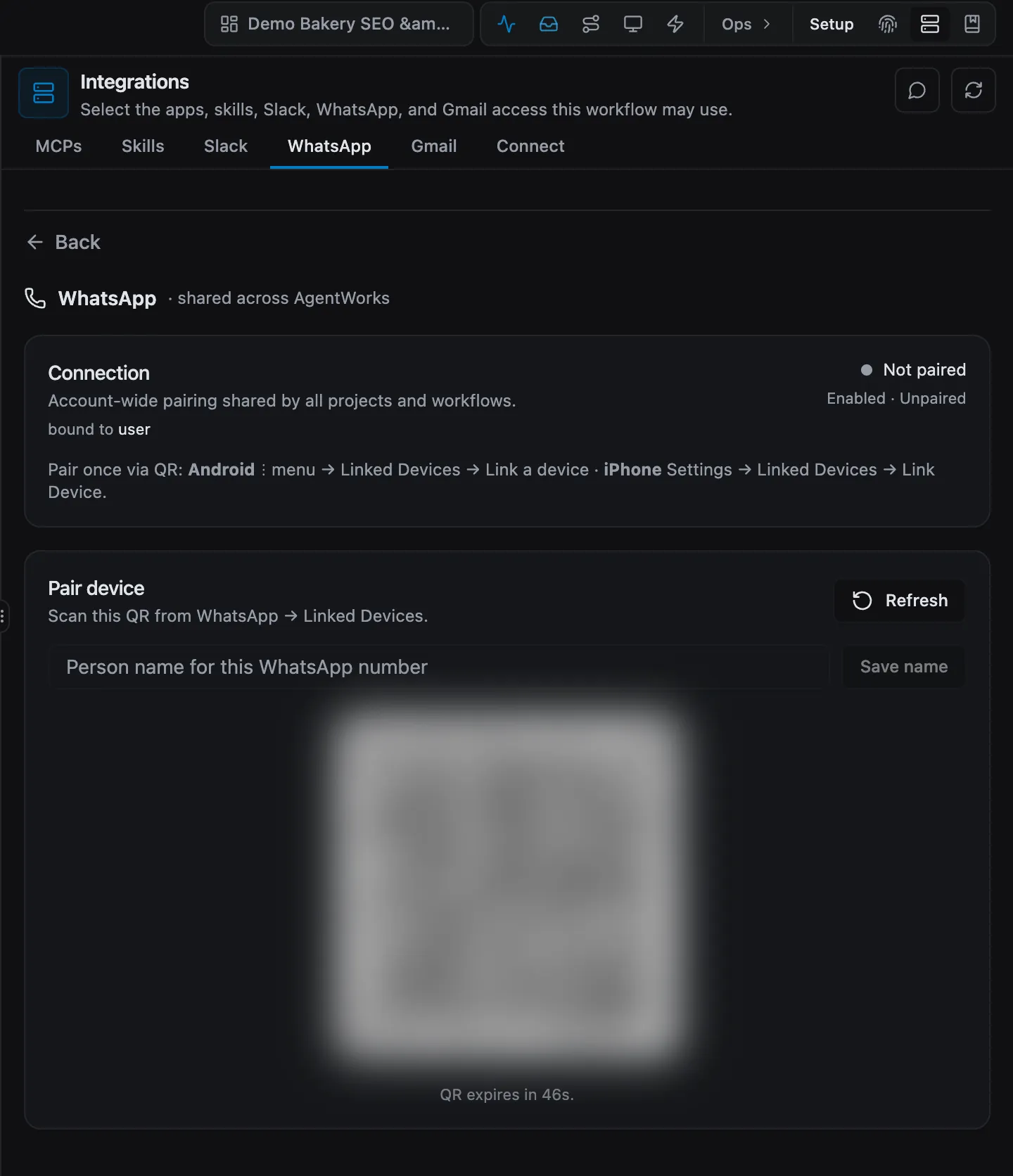 WhatsApp pairing in the app: scan the QR code to link a device (code blurred here)