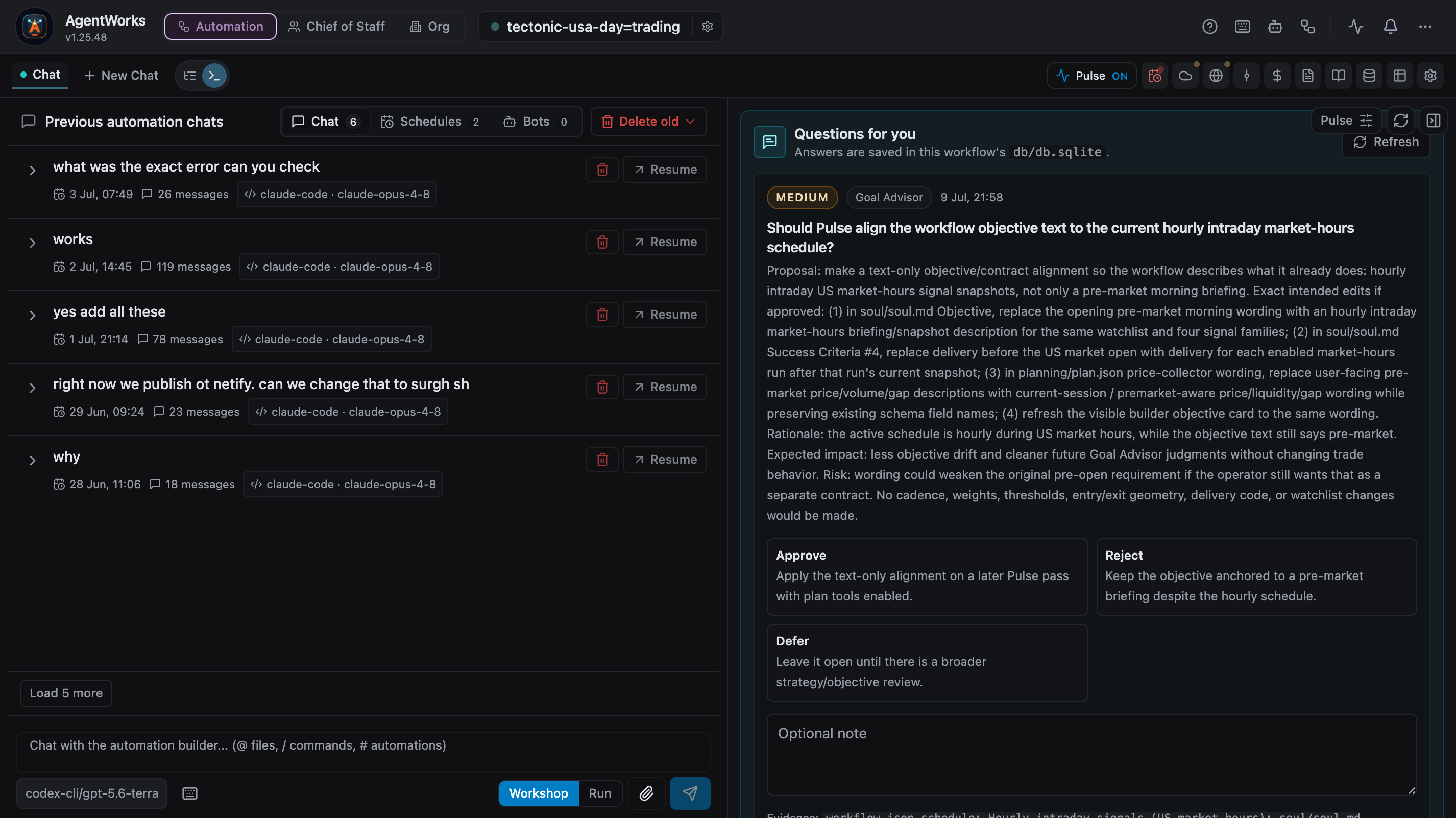AgentWorks Pulse asking the operator to approve, reject, defer, or add context to a proposed workflow objective change.